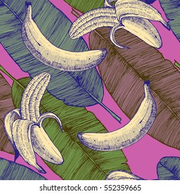 Seamless pattern with hand-drawn Bananas. Vector.