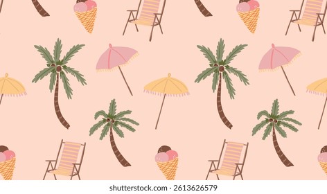 Seamless pattern with hand-drawn beach elements. Palm trees, striped deck chairs, yellow and pink umbrellas, ice cream cones on light background. Flat vector illustration.