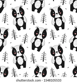 Seamless pattern, hand-drawn bears in scandinavian style, forest animals. Black-white vector illustration for children.