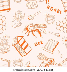 Patrón sin fisuras de abejas dibujadas a mano, panales, colmenas, flores, tarros de miel y letras en una naranja cálida. Perfecto para embalaje, tela, papel de embalaje y marca para la abeja.