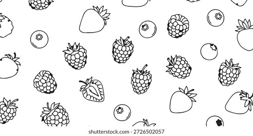 Un patrón sin fisuras de bayas dibujadas a mano, incluyendo fresas, frambuesas y arándanos, sobre un fondo blanco.