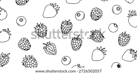 A seamless pattern of hand-drawn berries, including strawberries, raspberries, and blueberries, on a white background.
