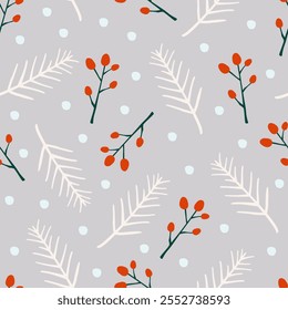 Seamless pattern with hand-drawn berries and pine branches background. Christmas texture for card, fabric, wrapping, textile, wallpaper, background, paper gift, scarf, phone case, wrapping.