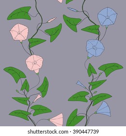 Seamless pattern with hand-drawn bindweed. Lilac Gray background