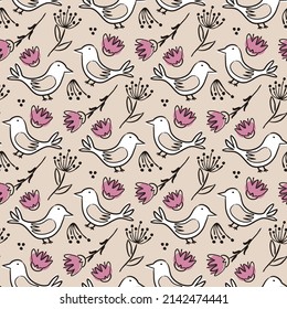 Seamless Pattern Of Hand-drawn Birds And Flowers. Cute Doodle Background. Vector Illustration For Spring Projects, Easter, Weddings.