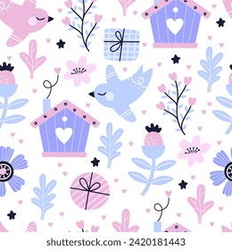 Seamless pattern with hand-drawn birds and flowers. Vector illustration