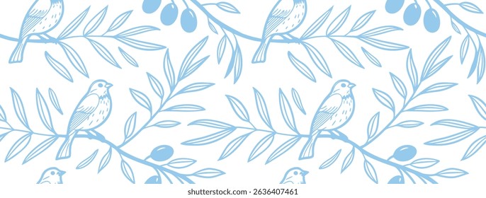 Seamless pattern with hand-drawn birds perched on leafy branches in soft blue. Elegant vintage nature background ideal for wallpaper, fabric, stationery, or eco-themed design projects.