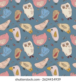 Seamless pattern with hand-drawn birds in playful pastel colors on a muted blue background. Doodle-style aesthetic perfect for children’s textiles or cheerful stationery.