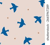 Seamless pattern with hand-drawn birds sitting on branches. Charming nature design for fabric, wallpaper, wrapping paper, stationery, and spring-themed decor