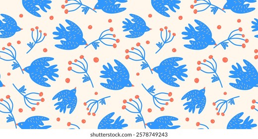 Seamless pattern with hand-drawn birds and tree branches. Pigeons and rowan berries vector pattern. Retro ornament in Scandinavian style.