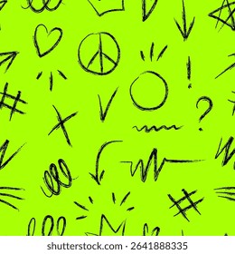 Seamless pattern with hand-drawn black doodle symbols including arrows, peace sign, heart, punctuation and abstract marks on bright green background.