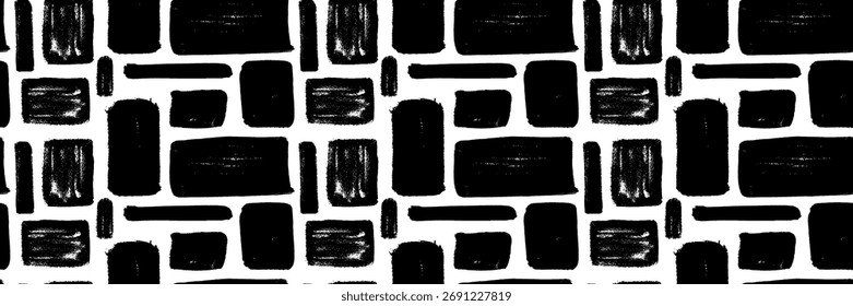 Seamless pattern with handdrawn black irregular rectangle shapes . Text box frames with doodle squiggle texture. Wax crayon or charcoal hand drawn strokes, evoking school children art . Vector