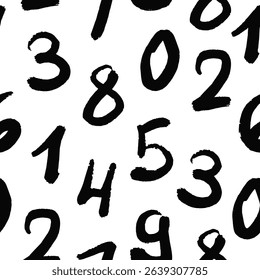 Seamless pattern of hand-drawn black numbers on white background. Grunge brushstroke style numeric texture.