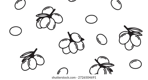 Patrón sin fisuras de ilustraciones de oliva blanco y negro dibujadas a mano sobre un fondo blanco. Presenta aceitunas individuales y racimos en ramas con hojas, creando un diseño repetitivo.