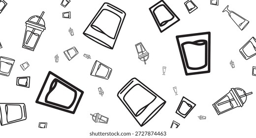 Um padrão perfeito de ilustrações de contorno preto e branco desenhadas à mão de várias bebidas em copos e xícaras, espalhadas por um fundo branco.