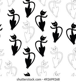 Seamless pattern of hand-drawn black and white cartoon cats with different emotions
