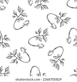 Seamless pattern of hand-drawn black-and-white charger fused with a branch. Illustration in sketch style. Eco energy concept. Leaf Plug Environment. Vintage, doodle.