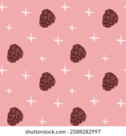 Seamless pattern with hand-drawn blackberries on pink background.