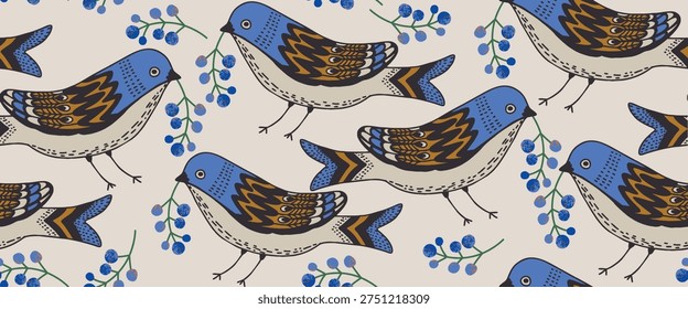 Seamless pattern with hand-drawn blue birds and berries