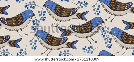 Seamless pattern with hand-drawn blue birds and berries