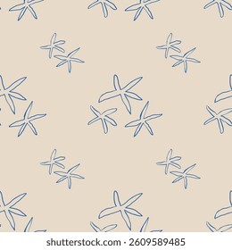 Seamless pattern with hand-drawn blue starfish on sandy background. Nautical marine repeat design in minimalist line art style. 