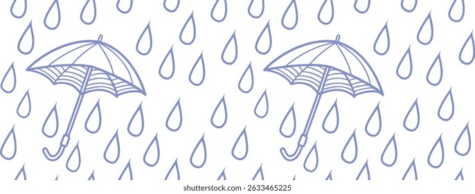 Seamless pattern of hand-drawn blue umbrellas and raindrops on white background, perfect for seasonal designs, rainy day themes, kids’ fabric prints, and wrapping paper.