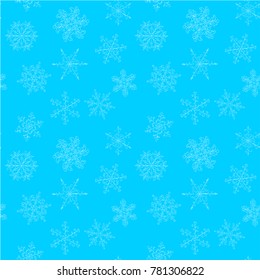 Seamless pattern of hand-drawn blue vintage snowflake with curls