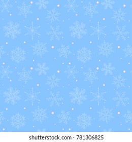 Seamless pattern of hand-drawn blue vintage snowflake with curls
