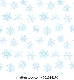 Seamless pattern of hand-drawn blue vintage snowflake with curls