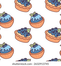 Seamless pattern with hand-drawn blueberry cupcakes topped with icing and mint leaves. Repeating background for bakery, kids design, sweet food packaging, and textile prints