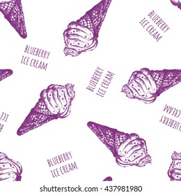 Seamless pattern with hand-drawn blueberry ice cream. Print on fabric, clothes and surfaces. Vector illustration.