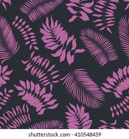 Seamless pattern with hand-drawn Bodacious colored tropical leaves