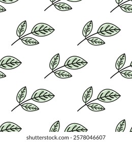 Seamless pattern with hand-drawn botanical branches and delicate green leaves