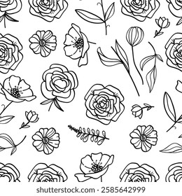 Seamless pattern with hand-drawn botanical flowers and leaves isolated on a pink background, perfect for vintage and nature-themed designs.