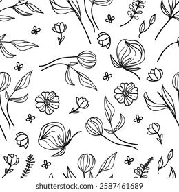 Seamless pattern with hand-drawn botanical flowers and leaves isolated on a white background, perfect for vintage and nature-themed designs.