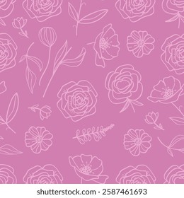 Seamless pattern with hand-drawn botanical flowers and leaves isolated on a pink background, perfect for vintage and nature-themed designs.