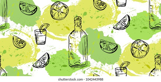 Seamless pattern of hand-drawn bottle, glass, slices of lemon and letters. Mexican background with tequila and lemon. Vector illustration