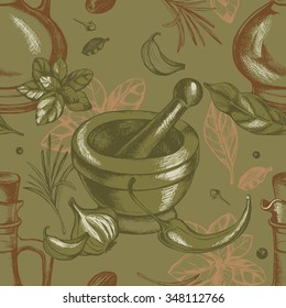 Seamless pattern with hand-drawn bottle with oil, mortar and pestle, herbs and spices.