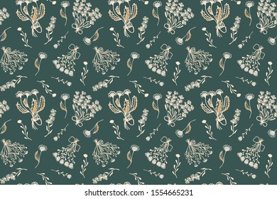 Seamless pattern of hand-drawn bouquets and flowers of lavender, rose, chamomile and peon on a Eden green background. Trend colors. For fabric, textile, wallpaper, decor etc. Vector. 