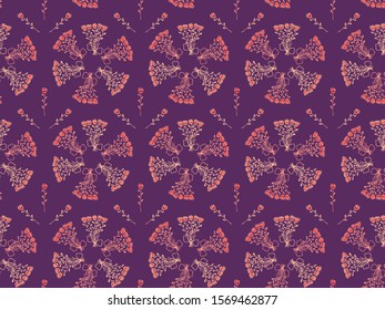 Seamless pattern of hand-drawn bouquets stacked in circles and flowers of roses on a purple background. Vector.