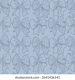 Seamless pattern of hand-drawn bows with polka dots and ribbons on light blue background. Concept reflects elegance, femininity and decorative textile design