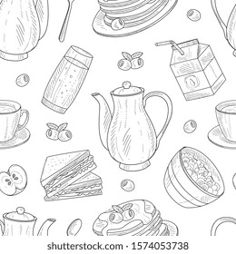 Seamless Pattern with Hand-drawn Breakfast Elements in Vector