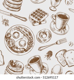 Seamless pattern with hand-drawn breakfast elements. Vector illustration.