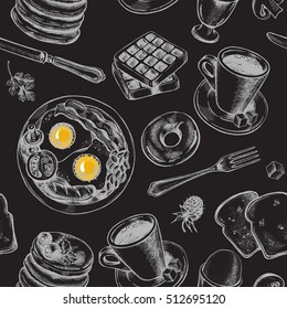 Seamless pattern with hand-drawn breakfast elements. Vector illustration.