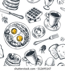 Seamless pattern with hand-drawn breakfast elements. Vector illustration.