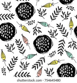 Seamless pattern with hand-drawn bright leaves and flowers in Scandinavian style on a white background. Vector illustration.