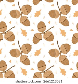 Nahtloses Muster mit handgezeichneten braunen Eicheln und dekorativen Fallelementen auf weißem Hintergrund. Ideal für Herbststoffe, Verpackungen, Packpapier und saisonale Designs