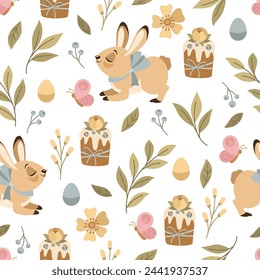 Seamless pattern with hand-drawn Bunnies, Easter cakes, flowers and leaves. Printing on fabric wrapping paper. Vector illustration.
