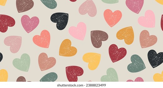 Seamless Pattern of Hand-Drawn Burgundy, Brown, Green, Pink and Yellow Hearts on Beige Background. Grunge Style. Continuous Background for Packaging, Pack Paper, Wrapping Paper