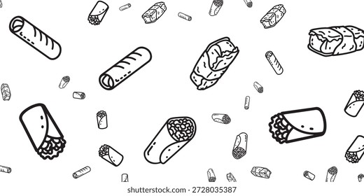 Un patrón sin fisuras de burritos dibujados a mano y objetos similares a burritos esparcidos sobre un fondo blanco. Las ilustraciones varían en estilo y Orientación, creando una composición lúdica y dinámica.
